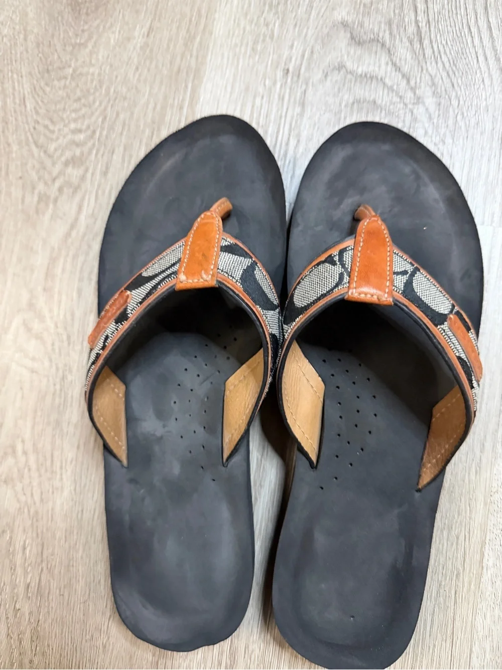 Coach Black Footbed Brown Leather-Trim Logo Strap Flip Flops